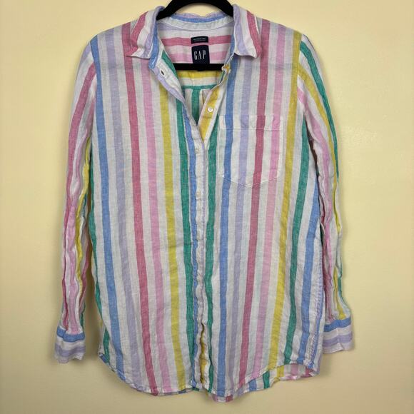 Gap Womens Size‎ Small Bright Pastel Striped Button Down Linen Boyfriend Shirt - Picture 1 of 7